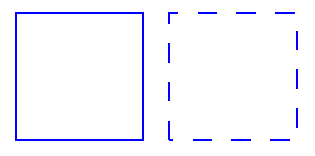 Два квадрата с разными стилями линий. Левый - сплошная линия, а правый квадрат - пунктирная линия.