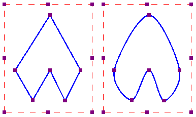 Многоугольник с прямыми линиями (слева) и кривыми (справа); красная пунктирная граница с фиолетовыми маркерами вокруг многоугольника может использоваться для изменения размера многоугольника