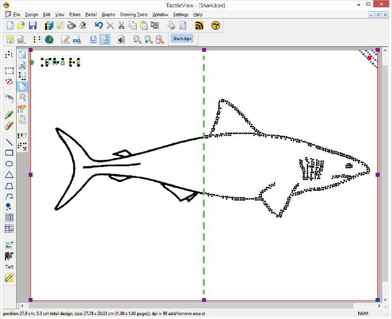 An image of a shark in line view (left half of the screen) and dot view