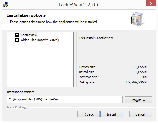 TactileView Installer step 2: Installation options