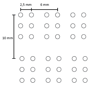 Показаны размеры клеток Брайля: расстояние между точками внутри символа (2,5 мм), расстояние между двумя символами (6 мм) и двумя строками в тексте по Брайлю (10 мм).