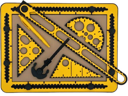 TactiPad tools laid out on the TactiPad, including a ruler, 30Triangle, 45Triangle, protractor, compass and pen.