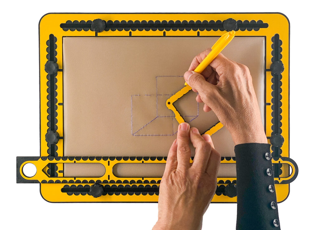 Creating a cube step by step using the square tool, almost complete. The diagonal line F-G is being drawn.