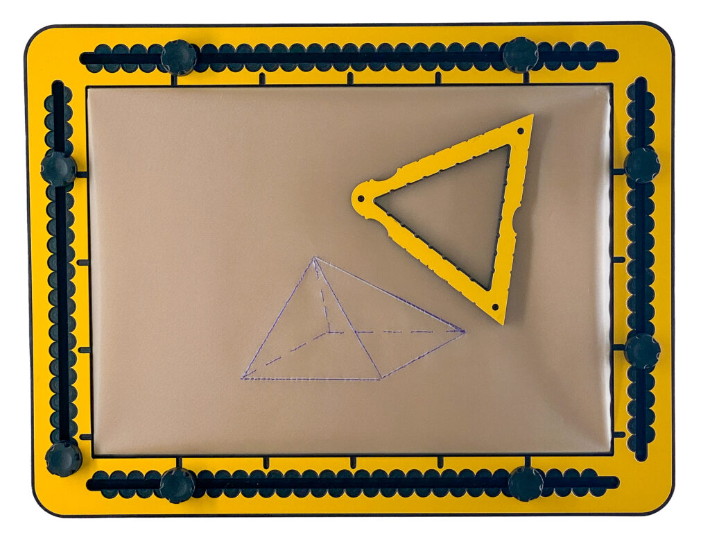 A pyramid with a square base and four sides connecting at the top. Dashed lines signify the lines that are invisible.