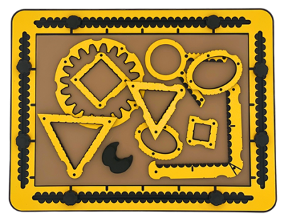 Examples of different templates from the TactiForma set on the TactiPad: two squares, two triangles, ellipse, hook, polygon tool plus magnetic center base, and spur wheel.