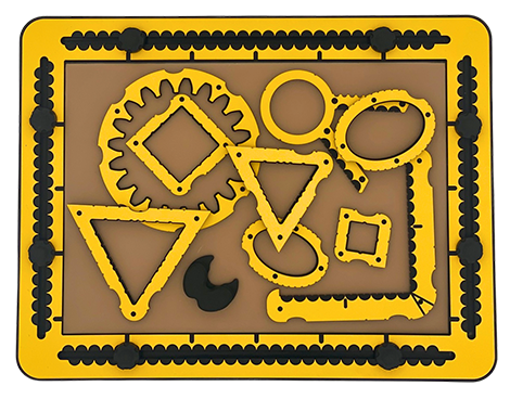 Examples of different templates from the TactiForma set on the TactiPad: two squares, two triangles, ellipse, hook, polygon tool plus magnetic center base, and spur wheel.