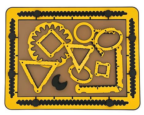 Examples of different templates from the TactiForma set on the TactiPad: two squares, two triangles, ellipse, hook, polygon tool plus magnetic center base, and spur wheel.