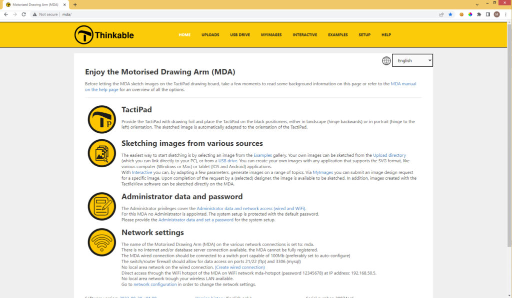 Screenshot of the MDA home page, with information about:
- TactiPad
- Sketching images from various sources
- Administrator data and password
- Network settings