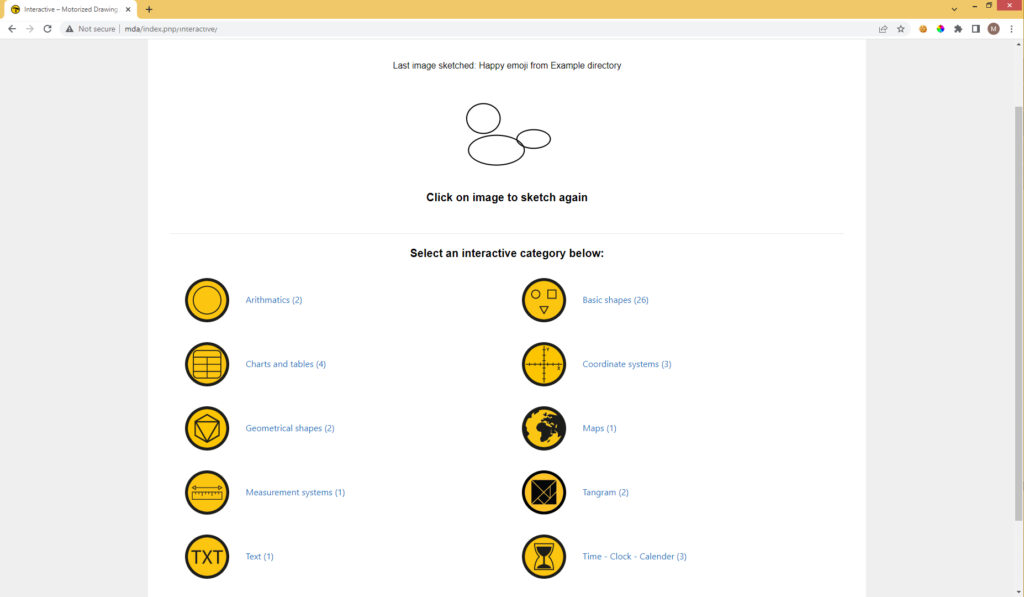 Screenshot of the 'Basic Shapes' sketch utility on the MDA website, as an example of the many types of ready available images (including Charts and tables, Coordinate systems, Geometric shapes, Tangram and many more)