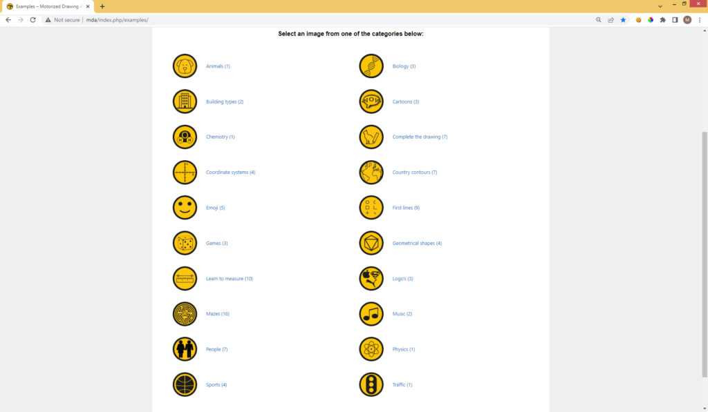 Screenshot of the Examples page with a diverse list of categories, ranging from biology and chemistry to music, games and cartoons.