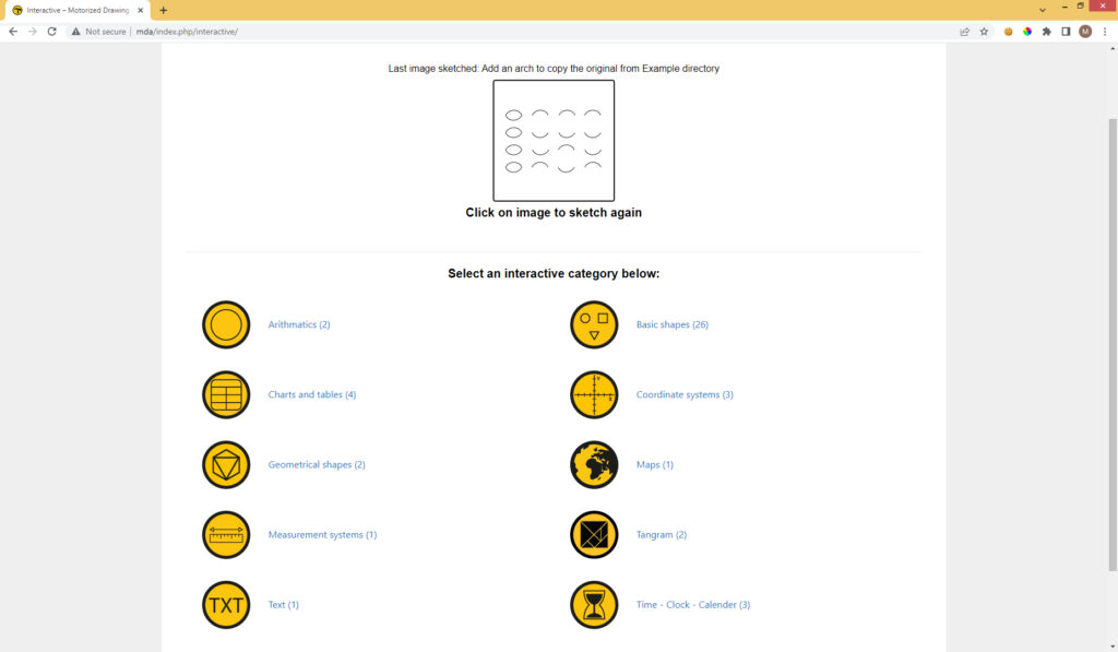Screenshot of the Interactive page showing the various categories, such as maps, charts and tables, tangram and basic shapes.