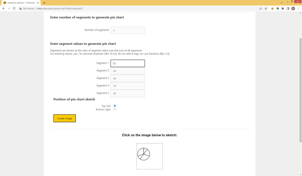Screenshot of the Pie chart page, allowing users to generate a pie chart with specified segments.