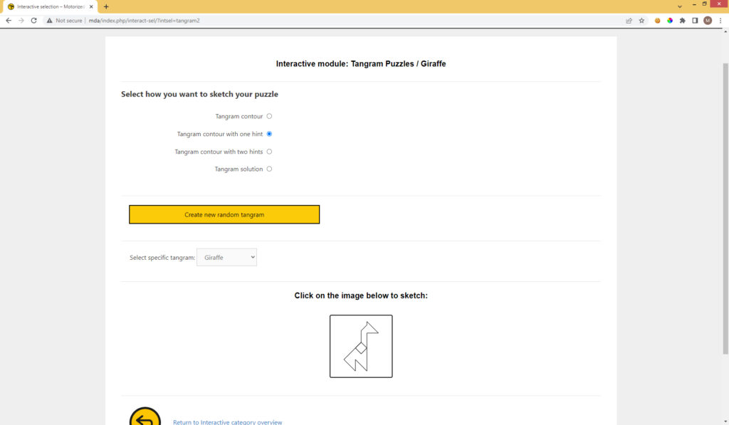 Screenshot of the Tangram page, in which the puzzle shape (in this example a giraffe) and number of hints can be specified.