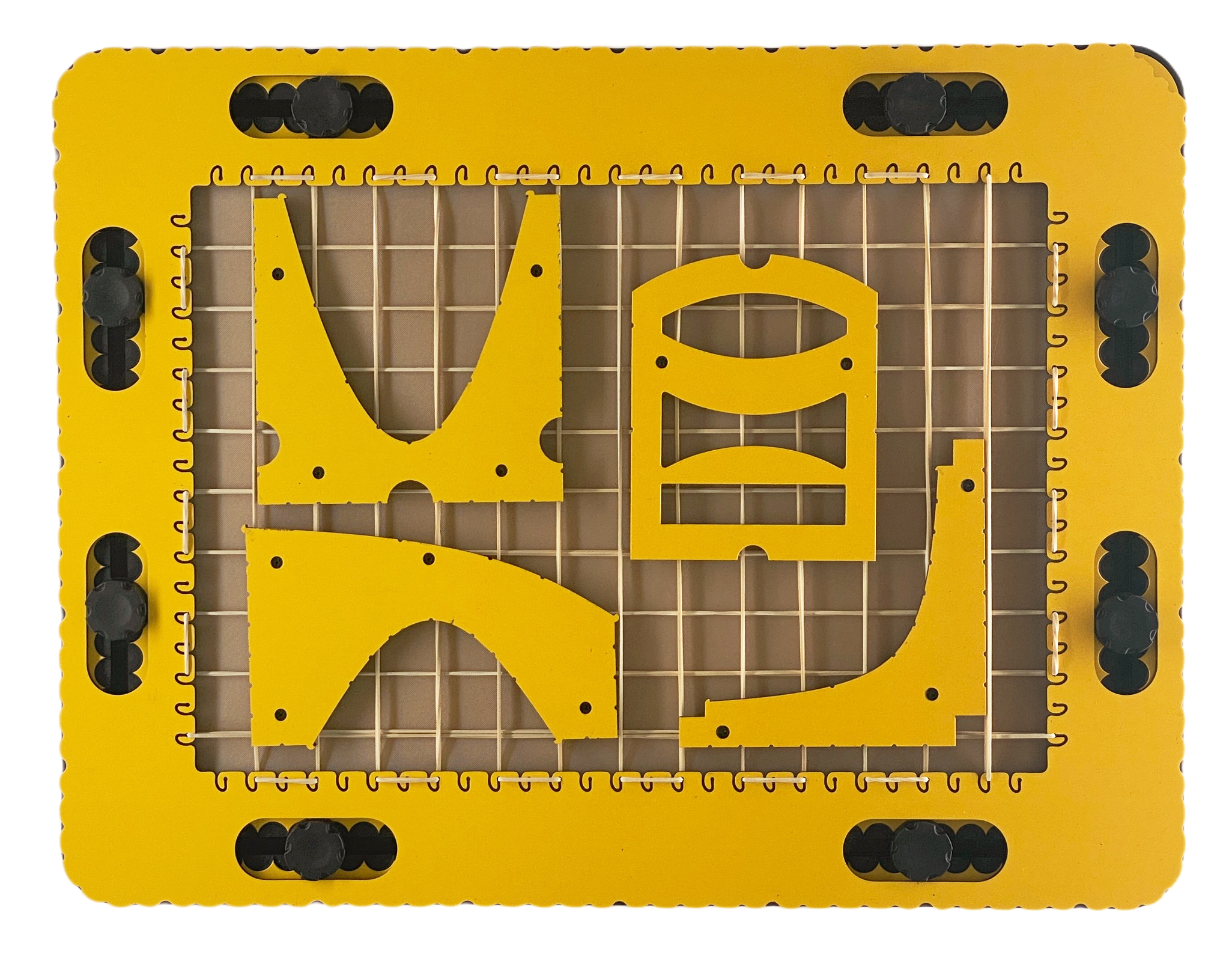 The GraphGrid on a TactiPad, with four tools placed on the grid: parabola, hyperbola, sintang, and lens.